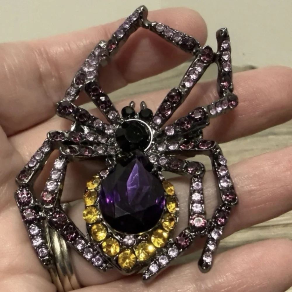 Elegant Jeweled Spider Rhinestone Brooch Purple & Gold Stones Vintage